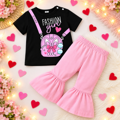 Fashionable Girl's Cute Backpack Print & Ruffle Bell-Bottom Two-Piece Set (T-Shirt & Ruffle Bell-Bottom Pants Set)